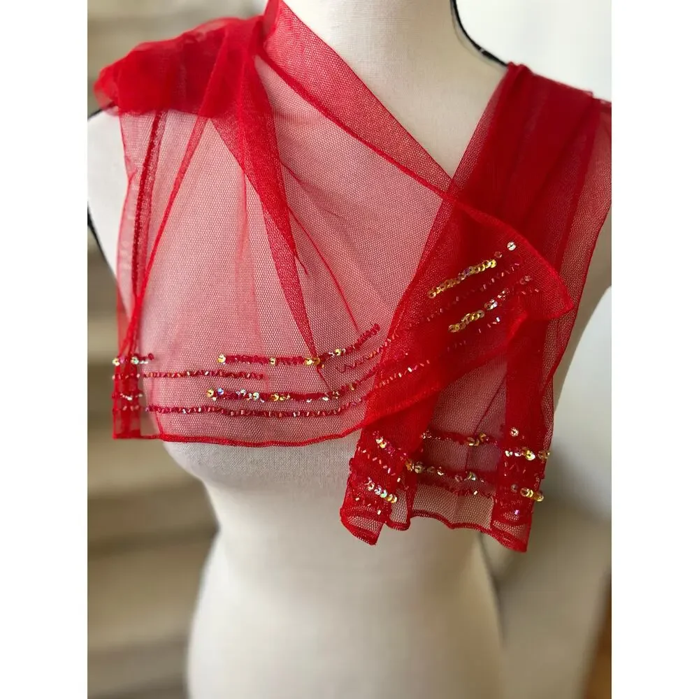 Vintage Y2K Red Mesh Beaded Hem Skinny Scarf